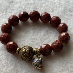 Source Unknown Brown Beaded Bracelet with Gold Charm